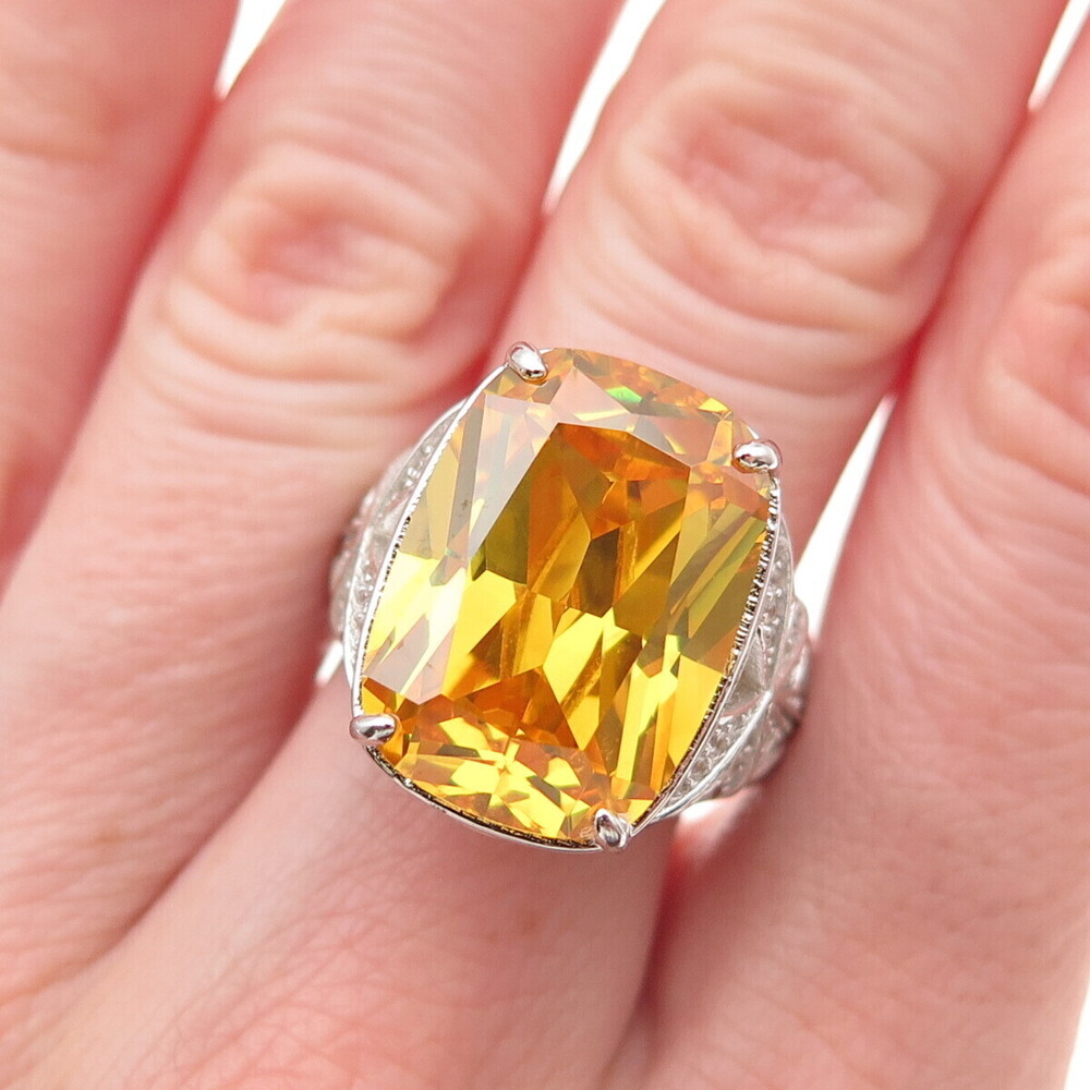 925 Sterling Silver Radiant-Cut Canary & Round-Cut White C Z Ring Size 7.5